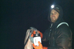 Phd Student John Umek pulling up the mysid net on a cold February night on Donner Lake, CA. The nights were often well below zero and difficult to sample in. The net is 1m in diameter and 4 meters in length, a good work out when pulling it up by hand.
